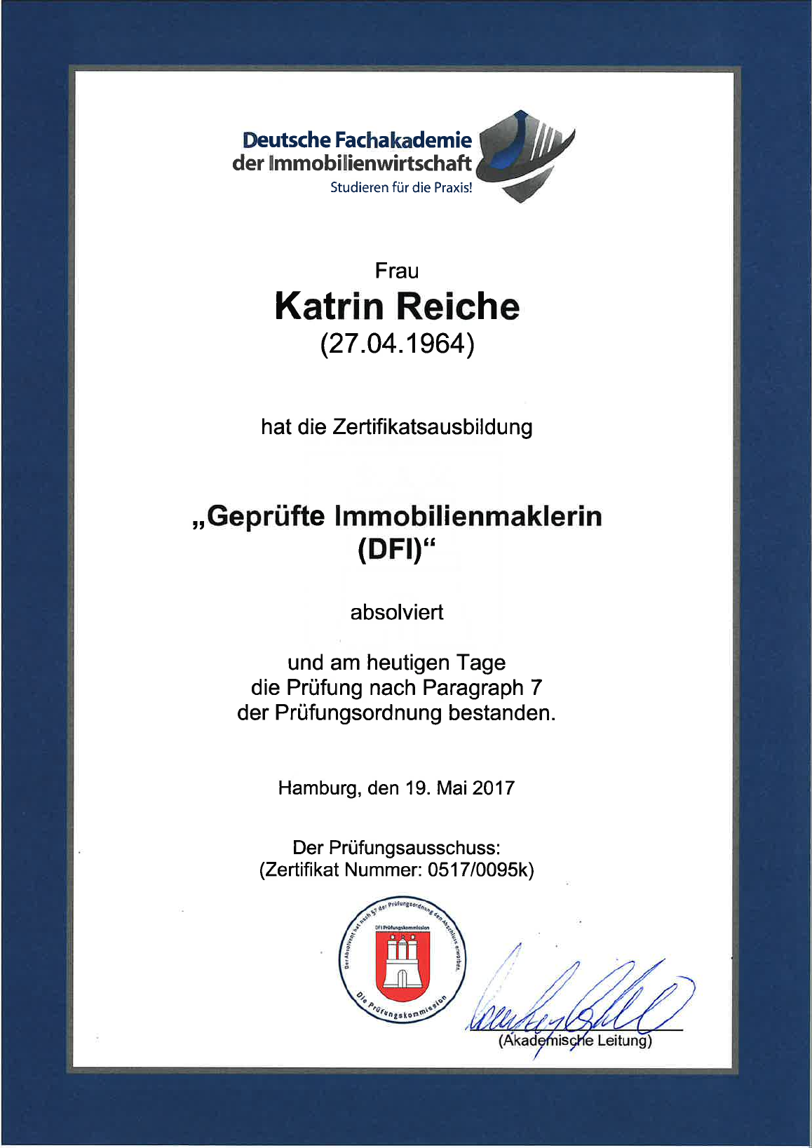 Zertifikat Geprüfte Immobilienmaklerin DFI, 2017