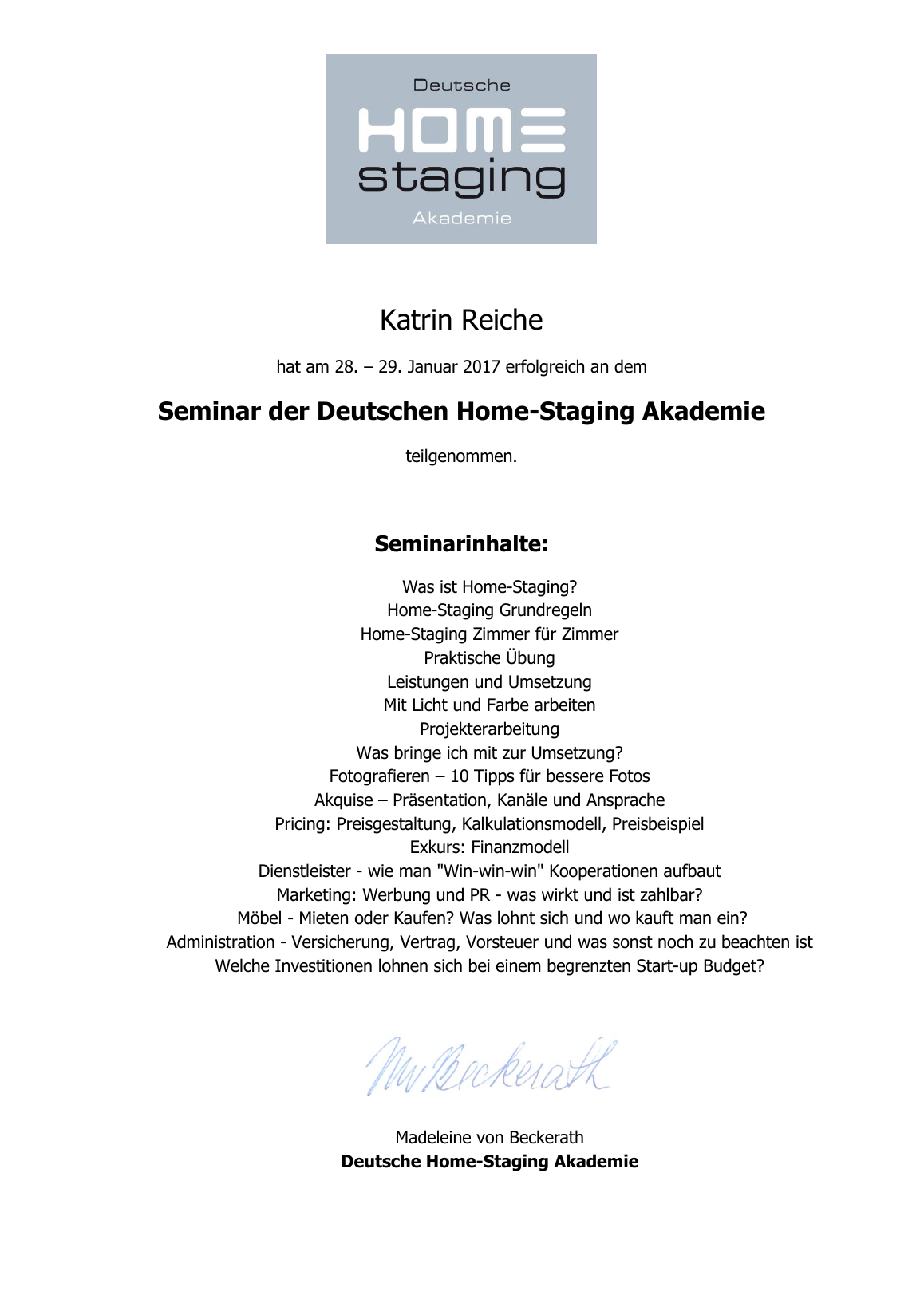 Urkunde Deutsche Home-Staging Akademie, 2017